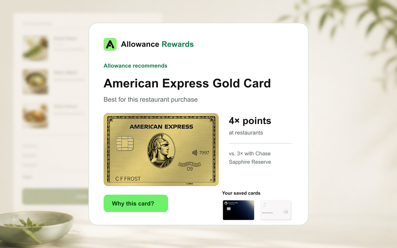 Allowance Rewards recommending the American Express Gold Card for a restaurant purchase.