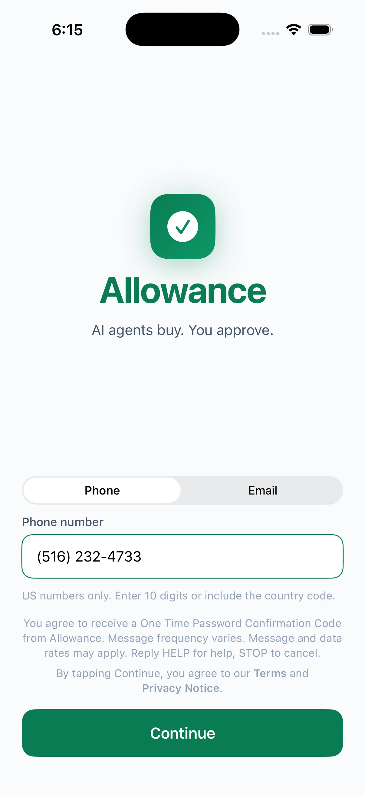 SMS consent as shown to users during account setup in the Allowance iOS app