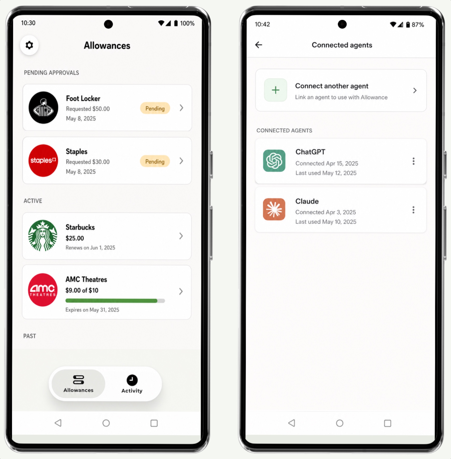 Two Allowance Android app screens: purchase approvals from Foot Locker, Staples, Starbucks, and AMC, alongside connected ChatGPT and Claude agents.