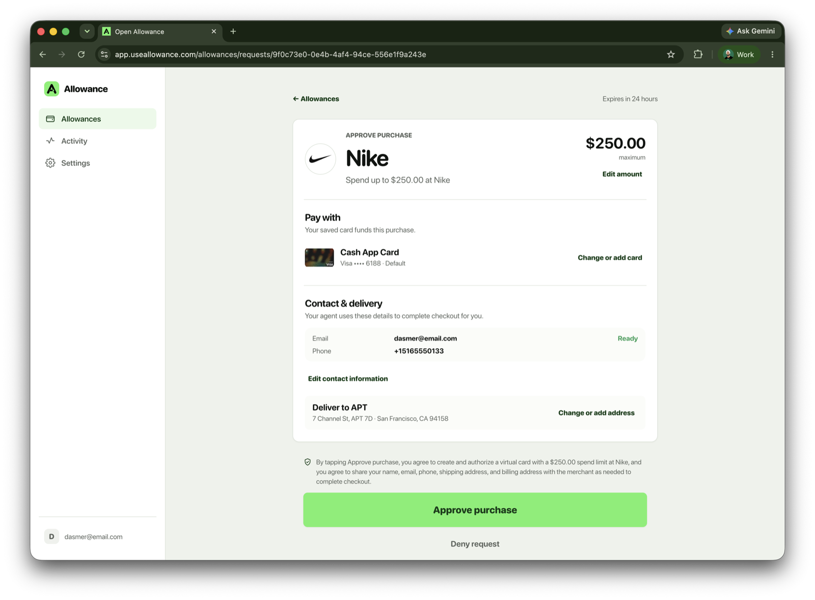 Allowance's web approval screen for a $250 Nike purchase.