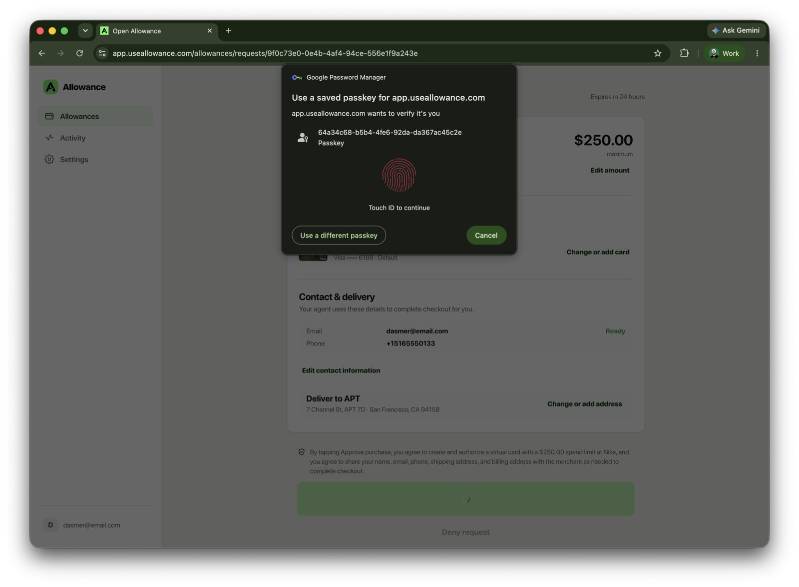 A biometric verification prompt requires Touch ID before an Allowance web approval can proceed.
