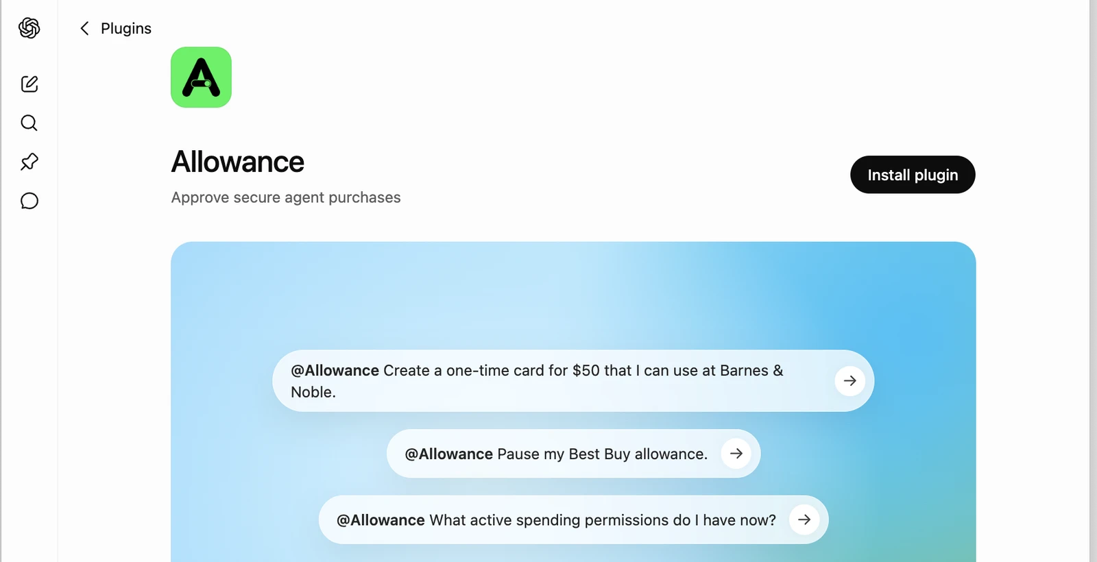 Allowance plugin page in ChatGPT with an install button and example commands.