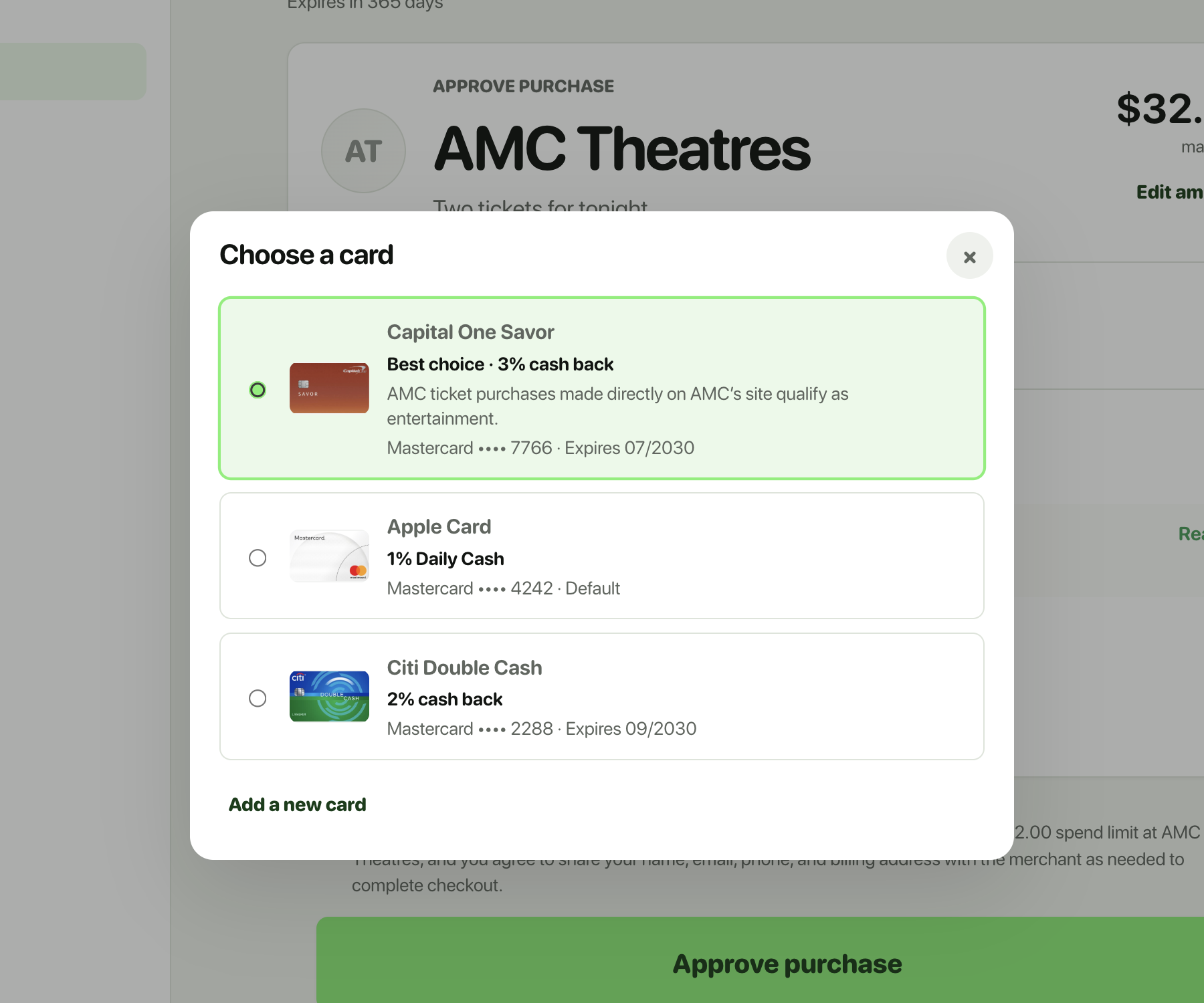 Card picker showing an Allowance recommendation and alternate cards