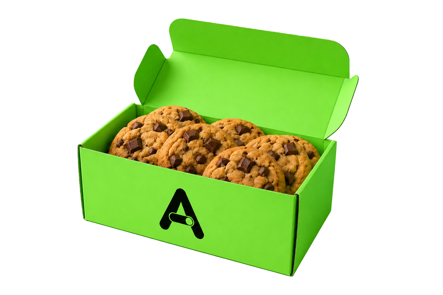 An open green Allowance cookie box with chocolate chip cookies inside